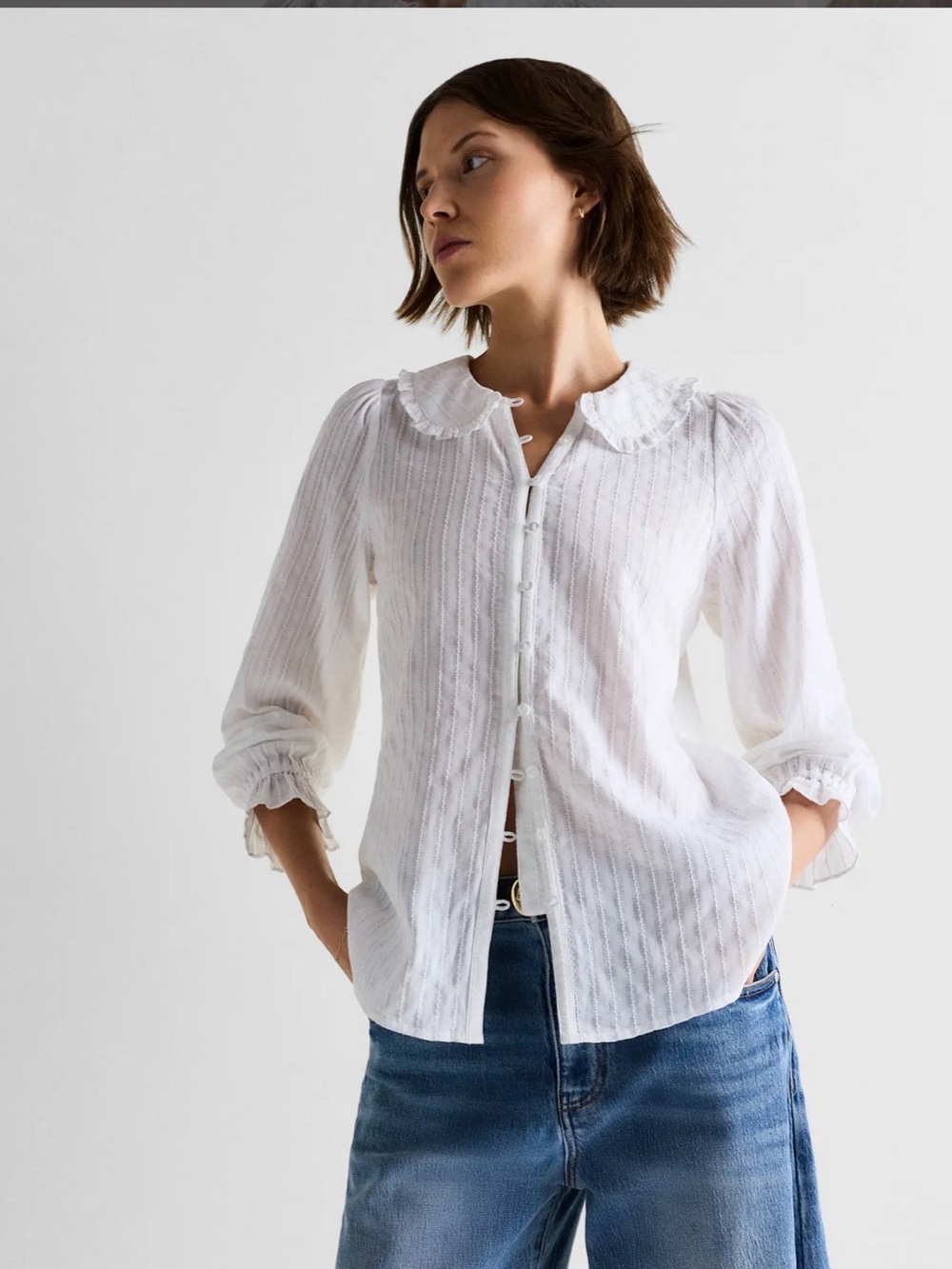 Quince Embroidered Cotton Ruffle Collar Long Sleeve Blouse - Size Large